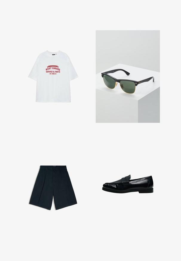 T-shirt blanc à manches courtes avec texte rouge « West Garage Service & Parts Los Angeles » au centre avant.; Shorts noirs longueur genou avec passants de ceinture, plis sur le devant et une fermeture avant cachée, présentés sur un fond blanc.; Mocassin penny loafer pour homme en cuir noir avec bout moc cousu et petit talon, présenté de profil sur fond blanc.; Lunettes de soleil Ray-Ban avec des verres verts, monture en plastique noir et accents dorés sur les bords. Forme carrée avec une finition mate.