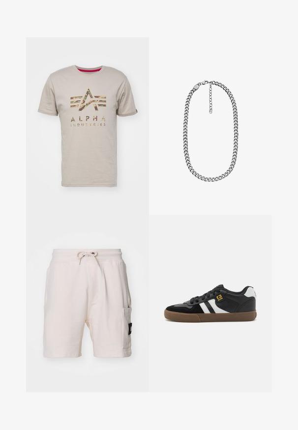 T-shirt en coton beige avec un logo à motif camouflage de "ALPHA INDUSTRIES" et cinq rayures horizontales au-dessus, à manches courtes et col rond.; Shorts en coton beige clair avec une taille élastique, cordon de serrage, poches latérales et une étiquette en patch noire notable sur le côté.; Baskets noir et blanc avec une tige en daim et en cuir, présentant des rayures blanches, des lacets noirs et une semelle en caoutchouc marron. Accents de logo dorés.; Collier chaîne curb ton argent avec fermoir mousqueton et chaîne d'extension réglable sur fond blanc.