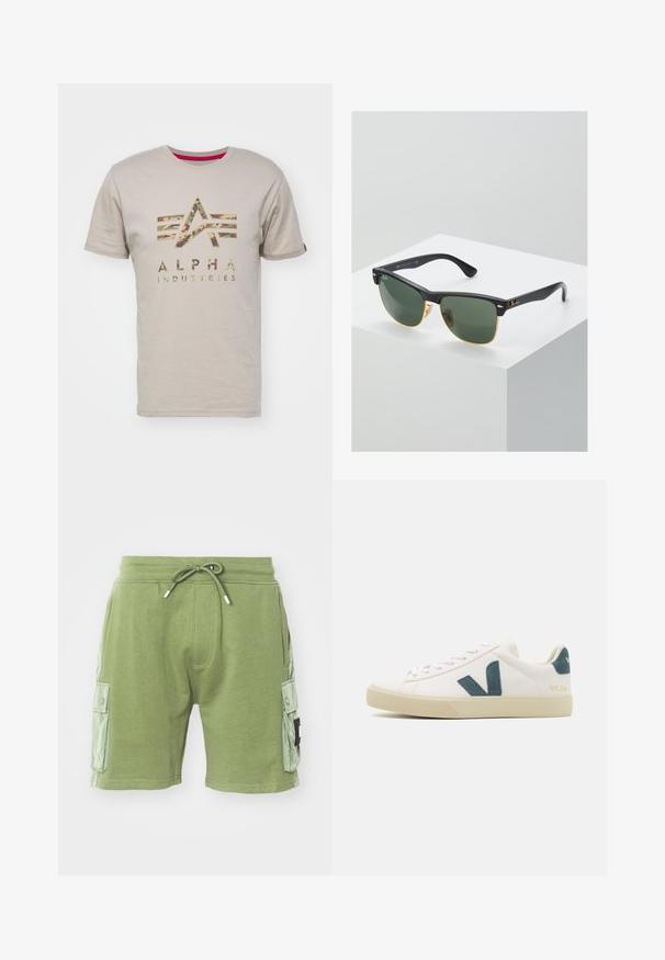 T-shirt en coton beige avec un logo à motif camouflage de "ALPHA INDUSTRIES" et cinq rayures horizontales au-dessus, à manches courtes et col rond.; Shorts en coton verts avec taille élastique et cordon de serrage. Comprend deux poches cargo latérales et des accents de panneaux texturés sur les côtés.; Baskets en cuir blanc avec un logo en suède teal, bout rond, design à lacets et semelle en caoutchouc avec des détails texturés. Nom de la marque "VEJA" en doré.; Lunettes de soleil Ray-Ban avec des verres verts, monture en plastique noir et accents dorés sur les bords. Forme carrée avec une finition mate.