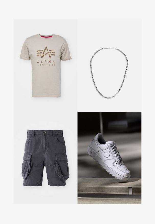 Beige puuvillane T-särk, millel on "ALPHA INDUSTRIES" kamuflaažimustri logo koos viie horisontaalse triibuga üleval, lühikesed varrukad ja ümmargune kaelus.; Tumedast hallist puuvillast valmistatud cargo-šortsid, millel on klassikaline lõige, mitmed küljetaskud ja ees nupuga sulgemine. Sile tekstuur.; Valge nahast Nike Air Force 1 tennisejalanõu, millel on perforatsiooniga varvas, lamedad paelad ja tekstureeritud kummist tallaga, millel on küljele märgitud "AIR".; Fossil JEWELRY NECKLACE - Kaelakee - silver-coloured