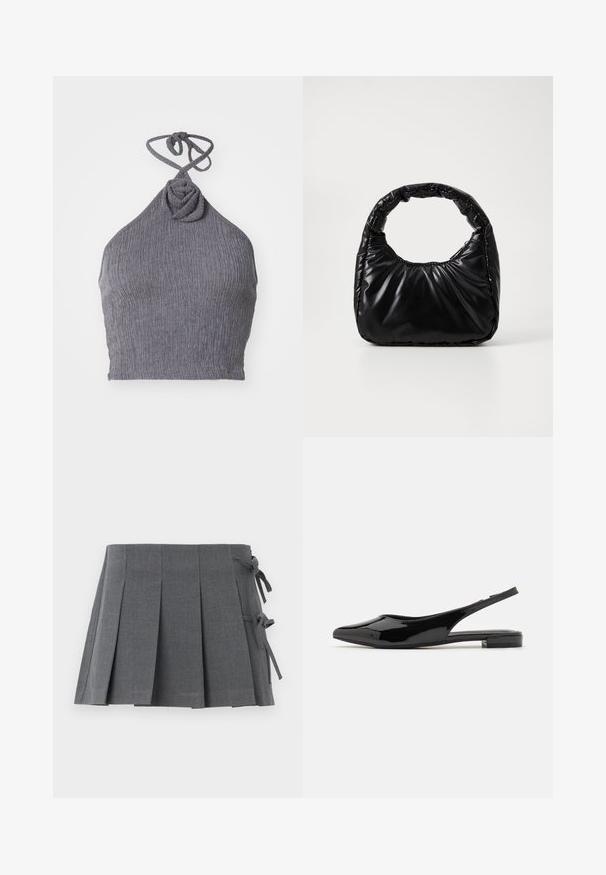 Šedý halter top s textúrovanou, brázdenou tkaninou. Má skrútený uzol na výstrihu a uväzovanie na chrbte pre nastaviteľné prispôsobenie.; Sivá plisovaná mini sukňa z textúrovaného materiálu, s viazaním na jednej strane a hladkým pásom pre väčšie pohodlie.; Čierne lakované kožené sandále na päte s ostrou špičkou a nízkym blokovým podpätkom. Hladká textúra, minimalistický dizajn, otvorená zadná časť a štíhly silueta.; Čierna vycpaná kabelka s okrúhlym držadlom, s hladkým, lesklým povrchom a jemnou prešitou textúrou. Žiadne viditeľné kovanie ani akcenty.