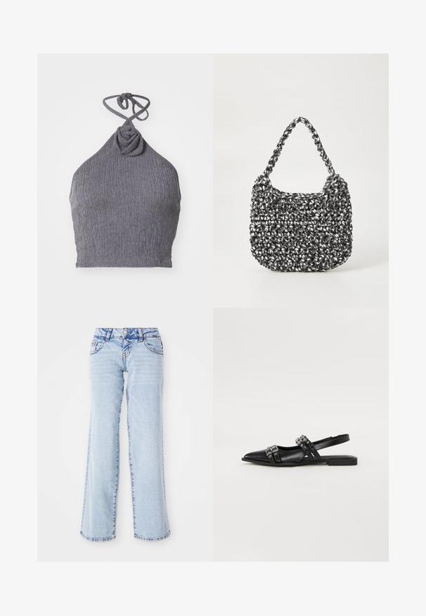 Grå halterneck-top med en tekstureret, ribbet stof. Har en snoet knude-detalje ved halsen og snore bagpå for justerbar pasform.; Lyseblå denimjeans med en afslappet pasform, lige ben og subtilt slid. Har fem lommer og bæltestropper. Distressed kantdetalje.; Even&Odd Slingback-ballerinasko - black; Vævet håndtaske i sort og hvid med en rund form, tekstureret overflade og et fletet håndtag. Velegnet til afslappet brug.