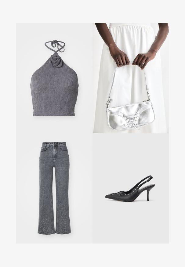 Grå halterneck-top med en tekstureret, ribbet stof. Har en snoet knude-detalje ved halsen og snore bagpå for justerbar pasform.; Grå denim flared jeans med høj talje, der har et subtilt prikket mønster og fem-lomme design. Slidt tekstur nær sømmen.; Sorte læder slingback stiletto med spids tå, side spændebånd, nitter langs kanten og dekorativ snøring foran.; Sølvmetallic håndtaske med snøredetaljer, der har et slankt design og en kort strop. Tasken holdes i hænderne for at fremvise dens tekstur.