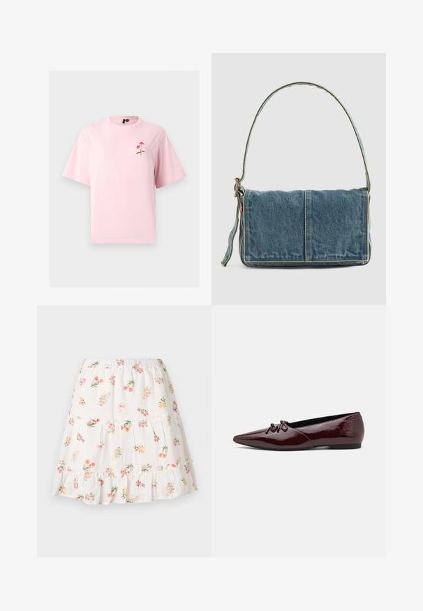 Camiseta de manga corta color rosa claro con una pequeña flor roja y hojas verdes bordadas en el pecho izquierdo.; Falda blanca de volantes con un dobladillo fruncido, que presenta un patrón floral en rosa, naranja y verde. Confeccionada con un tejido ligero y texturizado.; Bailarinas de charol burdeos con puntera puntiaguda y un lazo decorativo en la parte delantera. Textura suave con un tacón bajo y plano.; Bolso de hombro de denim con un diseño plegable, color azul claro, costuras visibles, correa ajustable y un acento de etiqueta lateral.