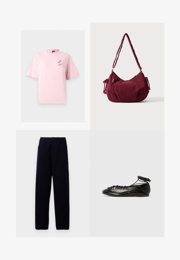 T-shirt rose clair à manches courtes avec une petite fleur rouge et des feuilles vertes brodées sur la poitrine gauche.; Pantalons en velours côtelé bleu marine foncé à jambe droite, avec poches avant et fermeture à bouton à la taille.; Ballerines en cuir verni noir avec un bout rond, un design à lacets et une semelle plate. Texture lisse avec peu de détails.; Sac d'épaule en velours côtelé bordeaux doux avec une sangle réglable, fermeture éclair, liens latéraux et une poche avant zippée.