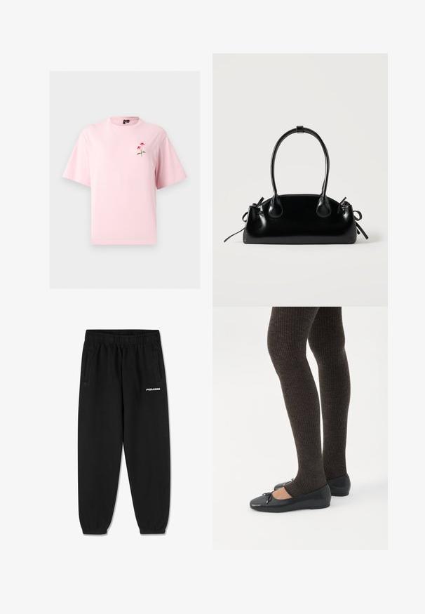 Lichtroze T-shirt met korte mouwen met een klein rood bloemetje en groene blaadjes geborduurd op de linkerborst.; Zwarte sweatpants van zacht materiaal, met een verstelbare tailleband, taps toelopende benen en zijzakken. "PEGADOR" logo in het wit op de voorkant.; Benen met donkere geribbelde leggings gecombineerd met zwarte ballerina's met kleine strikdetails op een witte achtergrond.; Kleine zwarte glanzende handtas met twee lange hengsels en zijkant trekkoord details op een effen lichte achtergrond.
