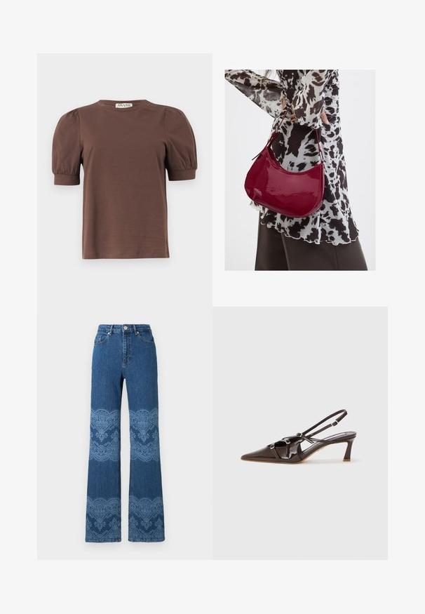 Bruin T-shirt met korte mouwen, gebolde mouwen en geribbelde manchetten, ronde hals en een klein label met "AWARE" aan de achterkant van de kraag.; Blauwe high-waisted rechte jeans met lichtblauwe bloem- en kantachtige patronen op de dijen en kuiten, voorzakken en knopen aan de voorkant.; Bruine gepatineerde leren slingback hak met een spitze neus, verstelbare straps en decoratieve gespen aan de voorkant. 3-inch hakhoogte.; Vrouw met een zwart-wit gebloemde blouse houdt een glanzende rode schoudertas vast tegen een effen achtergrond.