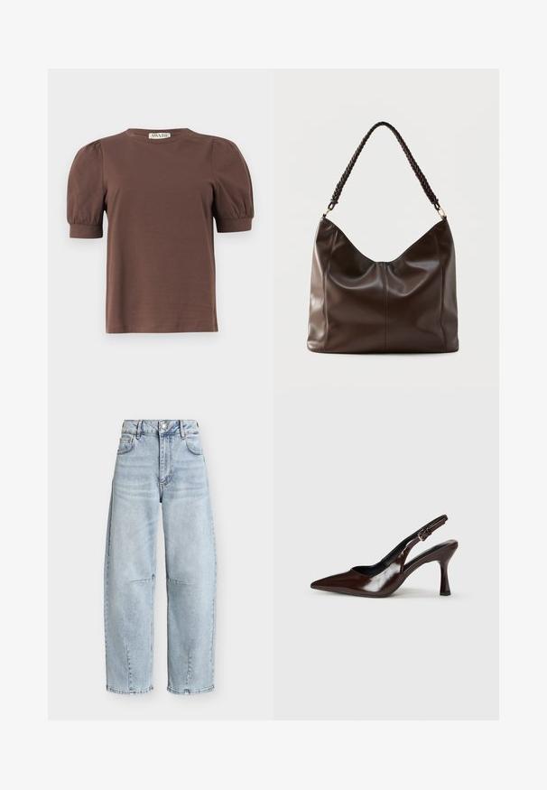 Chemise marron à manches courtes avec manches bouffantes et poignets côtelés, col rond et petite étiquette "AWARE" à l'arrière du col.; Jean large taille haute bleu clair avec poches avant, passants pour ceinture, fermeture par bouton, et détails discrets de coutures aux genoux et à l'ourlet.; Talons slingback en cuir verni brun avec un bout pointu, un talon fin, et une sangle réglable avec une petite boucle.; Sac à bandoulière en cuir brun foncé avec une poignée tressée et des coutures apparentes sur le devant.
