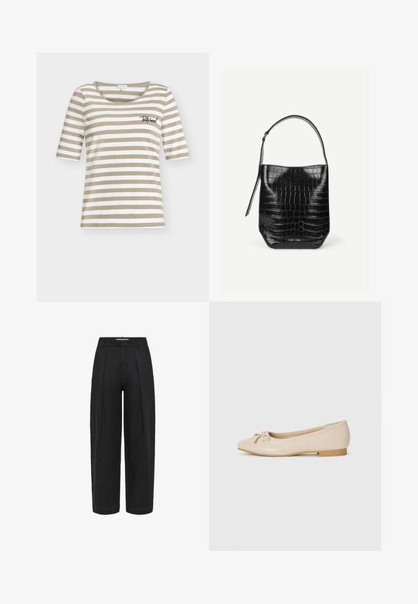 Chemise à manches courtes à rayures horizontales beiges et blanches avec un col rond et un petit texte noir sur la poitrine gauche.; Pantalon noir taille haute à jambes larges avec passants pour ceinture et plis avant, présenté sur un fond blanc.; Ballerines beiges en matériau synthétique lisse. Dotées d'un petit talon carré, elles présentent un détail noué avec des accents dorés à l'avant.; Sac seau en cuir embossé noir façon croco avec une seule bandoulière et un petit logo argenté de la marque au centre en bas à l'avant.