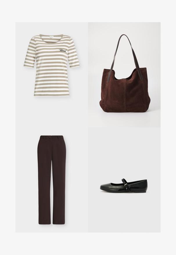 Chemise à manches courtes à rayures horizontales beiges et blanches avec un col rond et un petit texte noir sur la poitrine gauche.; Pantalon droit marron foncé avec passants de ceinture, braguette devant et poches latérales, présenté sur un fond blanc uni.; Ballerines en cuir noir avec un bout arrondi, une semelle plate et une fine sangle ajustable sur le cou-de-pied avec une boucle en métal.; Sac fourre-tout en daim marron avec deux anses en cuir noir. Texture douce, haut arrondi et un intérieur spacieux. Aucun matériel ou embellissement visible.