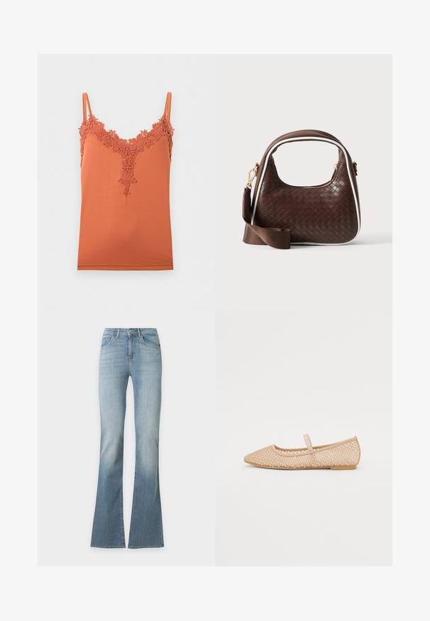 Rustorange camisole med tynde stropper og blomsterblonde langs V-udskæring og øvre bryst.; Lyseblå denimjeans med højt talje og udvidede ben, med subtil falming omkring lår og knæ.; Nude mesh ballet flats med spids toe, dekorative rhinestones og en flad sål. Har en lille rem over vristen.; Brun vævet læderhåndtaske med hvid piping, guldfarvet lynlås og aftagelig brun stofskulderrem.
