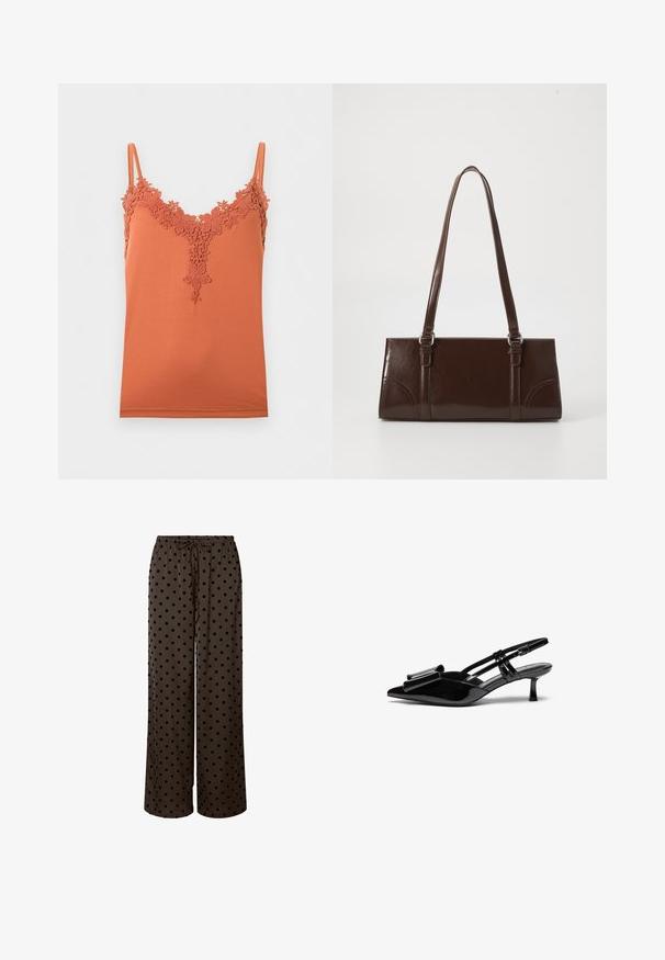 Camisole orange rouille avec fines bretelles et bordure en dentelle florale le long de l'encolure en V et du haut de la poitrine.; Pantalons larges marron avec des pois noirs, dotés d'une taille élastique et d'un cordon de serrage réglable. Tissu doux avec une texture lisse.; Talons aiguilles en cuir verni noir avec un bout pointu, un détail en nœud à l'avant et un petit talon stiletto. Les brides sont équipées de boucles ajustables.; Sac à main en cuir verni marron de forme rectangulaire, avec deux longues poignées et des accents courbés subtils à l'avant.