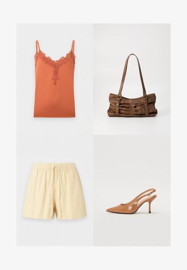 Camisole orange rouille avec fines bretelles et bordure en dentelle florale le long de l'encolure en V et du haut de la poitrine.; Shorts beige en coton avec taille élastique et cordon à l'avant, conçus pour un usage décontracté.; Escarpin à talon slingback à bout pointu en matériau beige lisse et brillant. Présente un design de découpes courbées et un talon aiguille fin. Détail de boucle en argent.; Even&Odd by Zalando Sac à main - brown