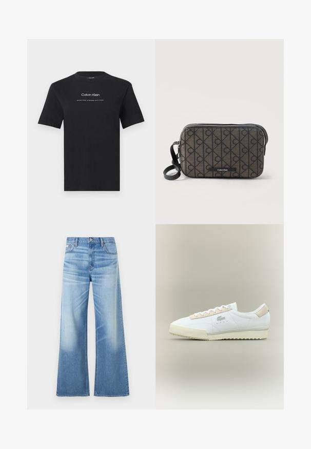 T-shirt noir à manches courtes avec col rond, portant le texte « Calvin Klein » et « Established Nineteen Sixty Eight » en blanc centré sur la poitrine.; Calvin Klein Jeans LOW RISE BAGGY - Jean boyfriend - diamond cove; Baskets en cuir blanc avec un accent en suède beige. Caractéristiques d'un bout arrondi, de lacets plats et d'une semelle texturée. Logo Lacoste sur le côté.; Sac bandoulière rectangulaire Calvin Klein avec motif logo noir, fermeture éclair noire et sangle noire réglable sur fond blanc.
