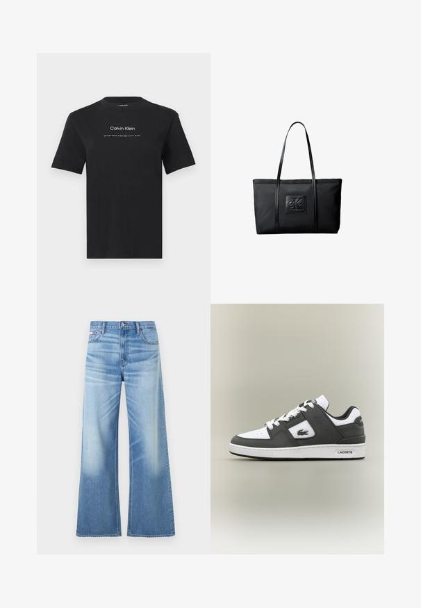 Zwart T-shirt met korte mouwen en een ronde hals, met witte tekst "Calvin Klein" en "Established Nineteen Sixty Eight" centraal op de borst.; Calvin Klein Jeans LOW RISE BAGGY - Relaxed fit jeans - diamond cove; Zwart-witte Lacoste sneaker met witte veters, geperforeerde neus, krokodillogo aan de zijkant en merksol op een neutrale achtergrond.; Zwarte rechthoekige draagtas met twee lange handvatten en een voorste patch met geperst "ck" en "Calvin Klein" logo.