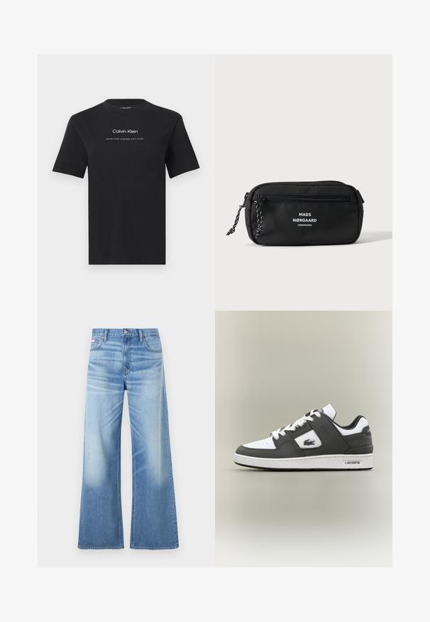 Zwart T-shirt met korte mouwen en een ronde hals, met witte tekst "Calvin Klein" en "Established Nineteen Sixty Eight" centraal op de borst.; Calvin Klein Jeans LOW RISE BAGGY - Relaxed fit jeans - diamond cove; Zwart-witte Lacoste sneaker met witte veters, geperforeerde neus, krokodillogo aan de zijkant en merksol op een neutrale achtergrond.; Zwart rechthoekig tasje met voorvak met rits, gevlochten ritstrekkers en wit logo "MADS NØRGAARD COPENHAGEN" aan de voorkant.