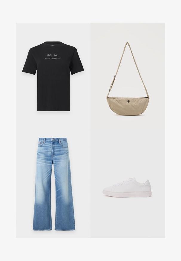 T-shirt noir à manches courtes avec col rond, portant le texte « Calvin Klein » et « Established Nineteen Sixty Eight » en blanc centré sur la poitrine.; Calvin Klein Jeans LOW RISE BAGGY - Jean boyfriend - diamond cove; Baskets blanches avec un dessus en cuir lisse, bout rond et semelle en caoutchouc plate. Présente un système de laçage et un logo discret sur le côté.; Sac bandoulière beige en forme de croissant, avec sangle ajustable et petit logo rond en métal sur le devant, fermeture éclair en haut.