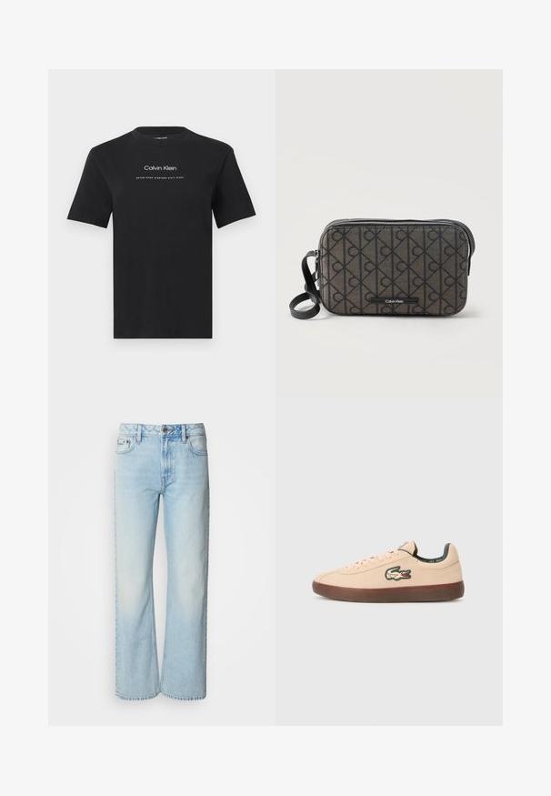Čierne tričko s krátkym rukávom a okrúhlym výstrihom s bielym nápisom „Calvin Klein“ a „Established Nineteen Sixty Eight“ umiestneným v strede na hrudi.; Svetlomodré široké džínsy vyrobené z denimu, s klasickým päť-pocket dizajnom a jemnou vyblednutou textúrou. Švy z denimu sú viditeľné.; Lacoste BASESHOT - Tenisky - beige; Pravouhlá crossbody taška Calvin Klein s čiernym logom, čiernym zipsom a nastaviteľným čiernym popruhom na bielom pozadí.