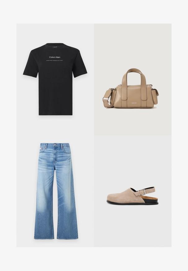 Camiseta negra de manga corta con cuello redondo, con el texto "Calvin Klein" y "Establecido en Mil Novecientos Sesenta y Ocho" en blanco centrado en el pecho.; Calvin Klein Jeans LOW RISE BAGGY - Vaqueros boyfriend - diamond cove; Zuecos de ante beige con punta redondeada, parte trasera abierta, hebilla metálica ajustable y suela plana negra.; Bolso de mano de cuero beige con asas superiores dobles y correa de hombro ajustable. Presenta un estampado de logo plateado y una textura suave y elegante.