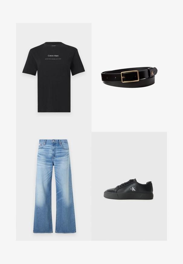 Camiseta negra de manga corta con cuello redondo, con el texto "Calvin Klein" y "Establecido en Mil Novecientos Sesenta y Ocho" en blanco centrado en el pecho.; Calvin Klein Jeans LOW RISE BAGGY - Vaqueros boyfriend - diamond cove; Zapatilla negra de cuero con suela de goma plana,puntera redonda, cordones en tono y un logo plateado en el lado exterior. Textura suave y diseño minimalista.; Cinturón de cuero negro con hebilla rectangular dorada y pequeño logo dorado "ck" cerca del extremo, enrollado sobre fondo blanco.