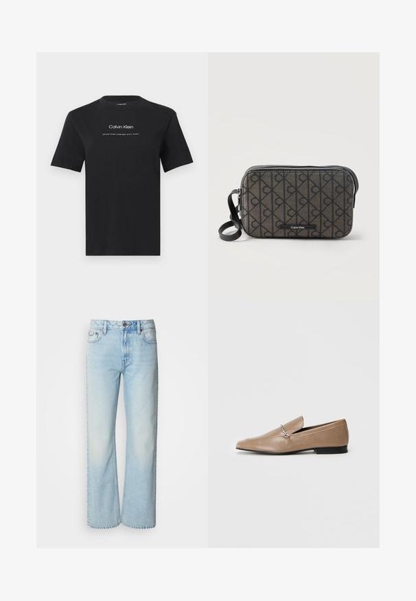 Sort T-shirt med korte ærmer og rund hals, med teksten "Calvin Klein" og "Established Nineteen Sixty Eight" i hvidt centreret på brystet.; Lyseblå brede jeans lavet af denim med et klassisk fem-lomme design og en subtil falmet tekstur. Denim-syninger er synlige.; Tan læder loafers med spids tå, dekorativt sølv hardware-element og en lav sort hæl. Glat tekstur og minimalistisk design.; Rektangulær Calvin Klein crossbody taske med sort logo mønster, sort lynlås og justerbar sort rem på hvid baggrund.