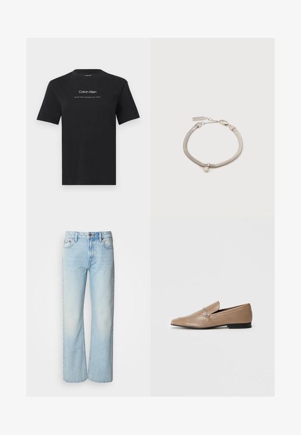 Μαύρο κοντομάνικο T-shirt με στρογγυλή λαιμόκοψη και λευκό κείμενο «Calvin Klein» και «Established Nineteen Sixty Eight» στο κέντρο του στήθους.; Ανοιχτό μπλε φαρδιά τζιν παντελόνια φτιαγμένα από τζιν, με κλασικό σχέδιο πέντε τσεπών και μια διακριτική φθαρμένη υφή. Είναι ορατές οι ραφές από τζιν.; Τα καφέ δερμάτινα loafers με μυτερή μύτη, διακοσμητικά ασημένια στοιχεία και χαμηλό μαύρο τακούνι. Λείος υφής και μινιμαλιστικός σχεδιασμός.; Ασημένιο βραχιόλι με αλυσίδα φίδι, μικρό σφαιρικό κρεμαστό και κούμπωμα με κλίπ αστακού σε λευκό φόντο.