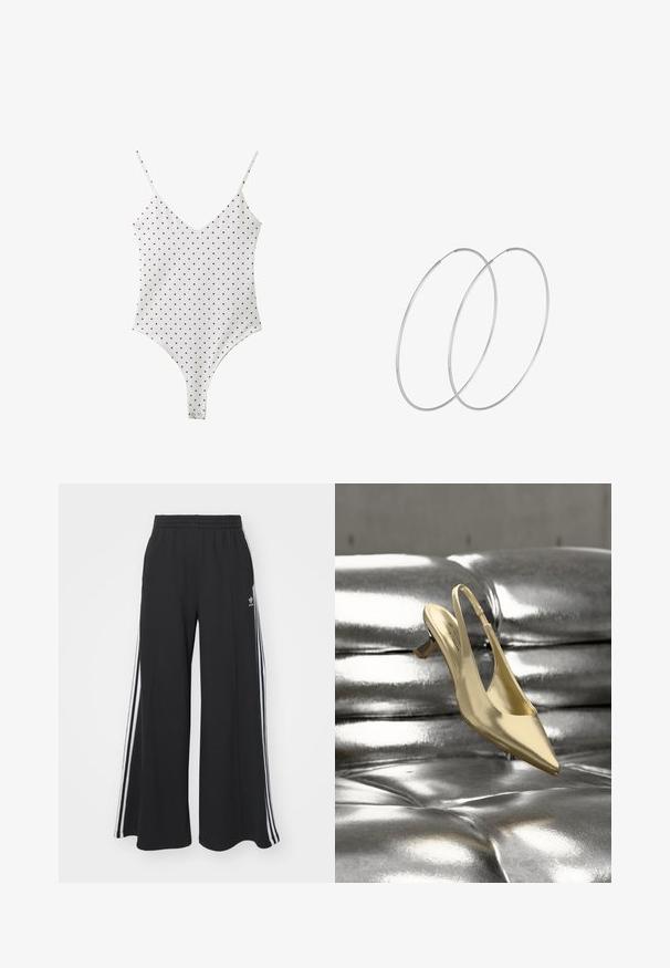 Body blanc sans manches avec fines bretelles et pois noirs, avec boutons-pression à l’entrejambe pour la fermeture.; Pantalon large noir avec taille élastique, comportant trois bandes blanches le long des côtés extérieurs et un petit logo à l'avant.; Escarpin à bride arrière métallique doré avec bout pointu, talon fin et texture lisse, sur fond métallique brillant.; Boucles d'oreilles en argent au design minimaliste. Forme circulaire, texture lisse et profil fin. Légères avec une finition polie.