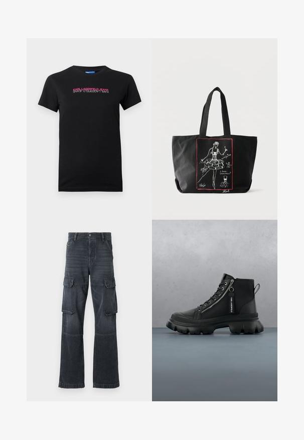 Musta puuvillainen t-paita lyhyillä hihoilla, jossa on vaakasuora logo vaaleanpunaisessa ja valkoisessa tekstissä, joka lukee "KARL LAGERFELD JEANS."; Tummanharmaat cargo-housut, jotka on valmistettu denimmateriaalista. Tässä mallissa on kaksi sivutaskua ja leveät lahkeet. Ommellut yksityiskohdat saumoissa ja reunoissa.; Mustat nilkkurit, jotka on valmistettu synteettisestä materiaalista. Niissä on sivuverhoilu, nauhat ja paksut, karkeat pohjat. Teksturoitu pinta ja eri väriset korostukset.; Musta kangaskassi, jossa valkoinen luonnos balettitanssijasta hameessa ja varvastossuissa, käsinkirjoitettuja muistiinpanoja ja punainen suorakulmainen reunus.