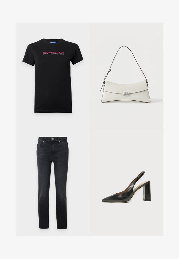 Sort bomulds T-shirt med korte ærmer, med et horisontalt logo i pink og hvid tekst, der står "KARL LAGERFELD JEANS."; Sorte denimjeans med lige ben, der har knaplukning, fem lomme-design og subtile sømdetaljer.; Sort læder peep-toe slingback sko med høj blokhæl og beige indvendig foring mod en ensfarvet lys baggrund.; Hvid skuldertaske i læder med buet klap, sort kant, justerbar rem og sølv dekorativ spænde på ensfarvet baggrund.