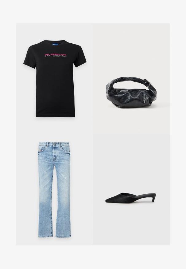 Μαύρο βαμβακερό T-shirt με κοντά μανίκια, που διαθέτει οριζόντιο λογότυπο σε ροζ και λευκό χρώμα που γράφει "KARL LAGERFELD JEANS."; Ανοιχτό μπλε φαρδύ τζιν φτιαγμένο από τζιν ύφασμα. Διαθέτει ξεθωριασμένο φινίρισμα, φθαρμένο μπα patch, πέντε τσέπες και κλείσιμο με κουμπί στη μέση.; Μαύρες σουέτ μύτες με αιχμηρή μύτη και χαμηλό τακούνι. Διαθέτουν λεία υφή και ανοιχτή πλάτη για εύκολη εφαρμογή. Απλός σχεδιασμός χωρίς σχέδια.; Μαύρη τσάντα φτιαγμένη από γυαλιστερό, υφασμάτινο υλικό με κυκλική, στροβιλισμένη λαβή και κλείσιμο με φερμουάρ. Διαθέτει ένα μαλακό, ζαρωμένο σχέδιο.