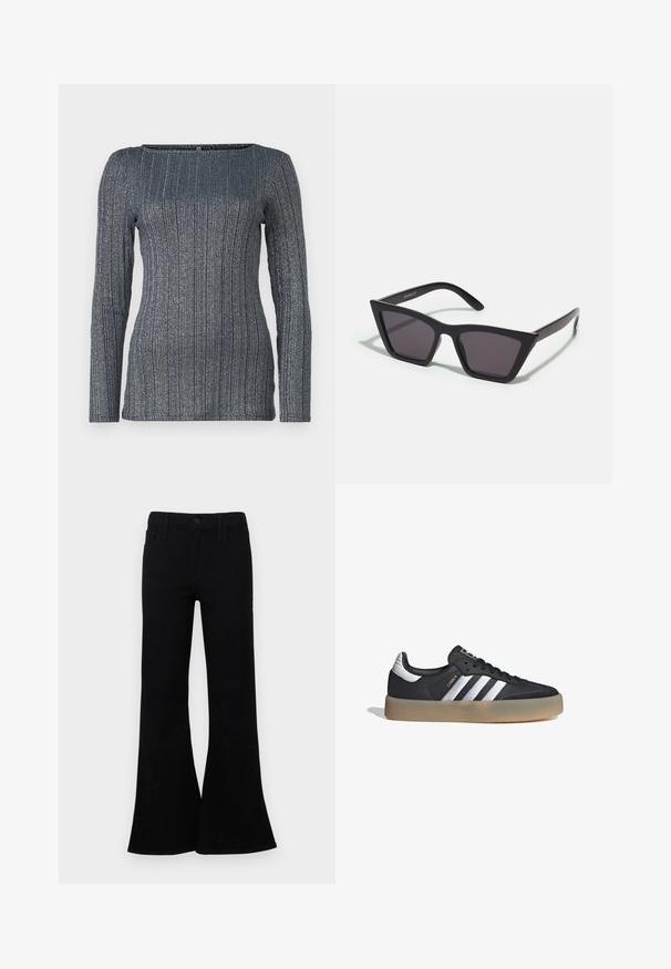 Top de manga larga ajustado en oscuro azul marino con textura de canalé vertical y sutiles hilos metálicos. Escote cuadrado. Tejido suave y elástico.; Vaqueros negros acampanados hechos de mezclilla, con una cintura con botones, diseño de cinco bolsillos y una textura suave. Dobladillo acampanado distintivo.; Zapatilla deportiva de cuero negro con tres rayas plateadas, punta texturizada y suela de goma. Cuenta con un collar acolchado y un diseño con cordones.; Gafas de sol negras y angulares con lentes grises; fabricadas en plástico, con varillas gruesas de superficie suave y sin herrajes visibles.