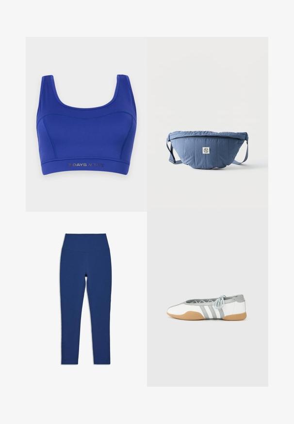 Soutien-gorge de sport bleu en tissu extensible. Il présente un col en scoop, des bretelles larges et une bande élastique inférieure avec "7 DAYS ACTIVE" imprimé en argent.; Leggings bleu marine taille haute avec une coupe ajustée et un détail perforé subtil le long de la partie inférieure extérieure des jambes.; Ballerines blanches et grises avec un bout arrondi et un lacet élastique, présentant trois rayures grises, et une semelle en caoutchouc beige.; Ceinture banane matelassée bleue avec sangle réglable et poche avant zippée, ornée d'un petit patch logo blanc au centre.