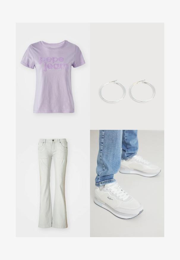 T-shirt lilas à manches courtes en coton, avec "pepe jeans" en lettrage texturé violet sur le devant. Finition en tissu lisse.; Jeans évasés en denim gris clair avec poches latérales, présentant une bande beige texturée le long de la couture extérieure, fermeture à bouton et passants de ceinture.; Baskets de sport blanches avec une finition lisse et texturée, dotées de lacets et d'une semelle en caoutchouc grise. Complétées par un jean bleu clair et ajusté.; Paire de boucles d'oreilles créoles argentées brillantes avec fermoirs en fil fin, présentée sur un fond gris clair.
