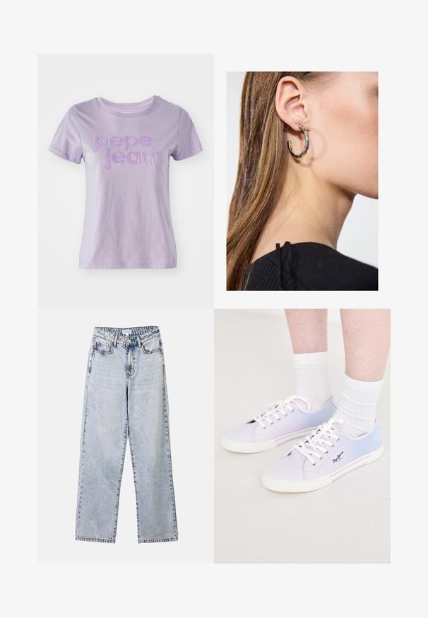 T-shirt lilas à manches courtes en coton, avec "pepe jeans" en lettrage texturé violet sur le devant. Finition en tissu lisse.; Jean droit bleu clair en denim, doté de deux poches avant, d'une fermeture à bouton et de coutures contrastées le long des coutures.; Baskets en toile violet clair et bleu avec des lacets blancs et des semelles en caoutchouc, présentant un logo sur le côté et des panneaux de couleur contrastante.; Boucle d'oreille en argent avec une finition polie, présentant de petits détails en or et de forme ronde, portée sur le lobe.