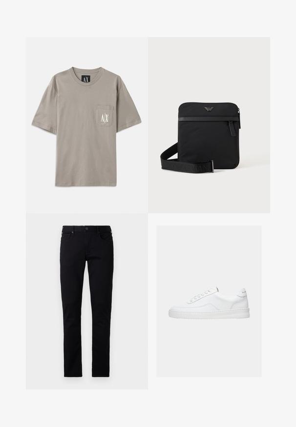 Graues T-Shirt mit kurzen Ärmeln aus Baumwolle, ausgestattet mit einer Tasche auf der linken Brust mit einem weißen Logodesign. Rundhalsausschnitt, lässige Passform.; Emporio Armani POCKETS PANT - Jeans Slim Fit - black denim; Weißer Sneaker mit niedrigem Schaft, Schnürdesign, glattem Lederobermaterial und dicker Sohle, von der Seite auf einfachem Hintergrund gezeigt.; Schwarze quadratische Schultertasche mit Reißverschluss, Vordertasche und verstellbarem Riemen mit eingeprägtem Markennamen.
