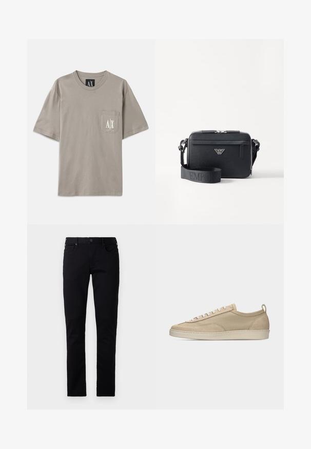 Graues T-Shirt mit kurzen Ärmeln aus Baumwolle, ausgestattet mit einer Tasche auf der linken Brust mit einem weißen Logodesign. Rundhalsausschnitt, lässige Passform.; Emporio Armani POCKETS PANT - Jeans Slim Fit - black denim; Beiger Sneaker mit niedriger Schafthöhe, Obermaterial aus Stoff und Wildleder, weißen Schnürsenkeln, Gummisohle und Fersenlasche, seitlich auf weißem Hintergrund dargestellt.; Schwarze Umhängetasche aus strukturiertem Material. Verfügt über einen Reißverschluss, eine vordere Reißverschlusstasche und ein Metall-Logo-Detail. Inklusive verstellbarem Schultergurt.