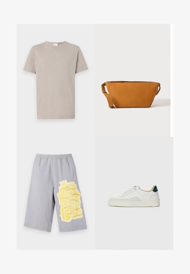 Helles beige T-Shirt mit kurzen Ärmeln aus weichem, strukturiertem Stoff. Verfügt über einen Rundhalsausschnitt und ein dezentes Logodetail am Saum.; Graue Baumwollshorts mit einem elastischen Bund, versehen mit einem großen gelben Grafikdruck und ausgefransten Kanten am linken Bein.; Weiße Sneaker mit Wildlederelementen, runder Zehenpartie, flachen Schnürsenkeln und einer cremefarbenen Gummisohle. Mit grünen Markenlogo am Fersenbereich.; Hellbraune Leder-Umhängetasche mit verstellbarem Schulterriemen und Reißverschluss, vor einem schlichten hellen Hintergrund gezeigt.