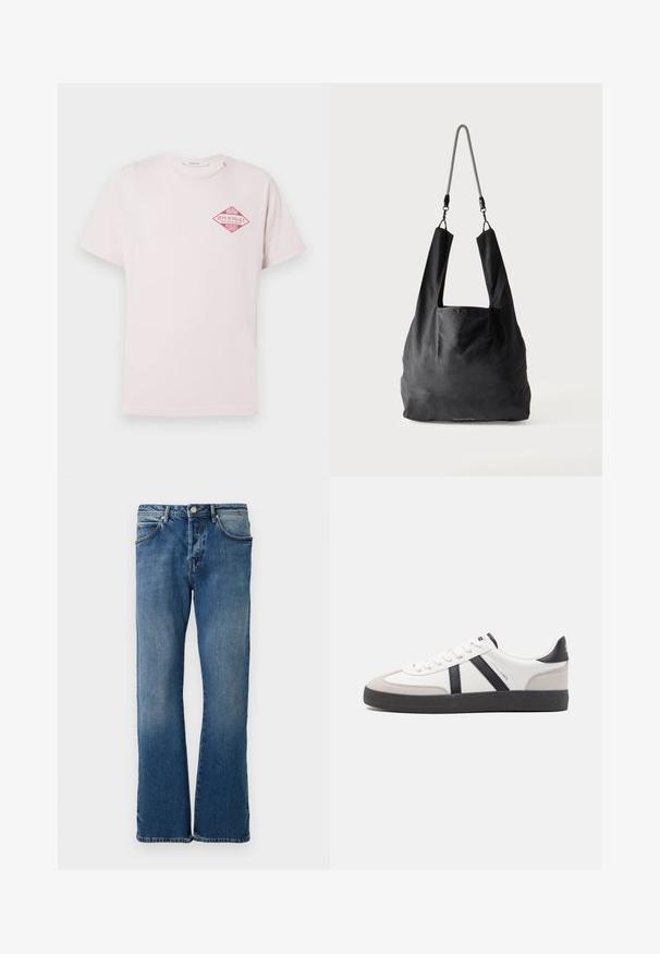 Lyserød T-shirt med korte ærmer og en rød diamantformet grafik med teksten "Miami Replay Palace Florida" på den øverste venstre bryst.; Lyseblå denimjeans med lige ben-design, der har fem lommer, en knap-lukning og diskret falmning på stoffet.; Hvide sneakers med sorte og grå detaljer, med en tekstureret grå tåhætte, sort gummisål og flade hvide snørebånd. Rent design, minimalistisk stil.; Sort blød stofnettaske med brede håndtag og en tynd sort-hvid flettet skulderrem.