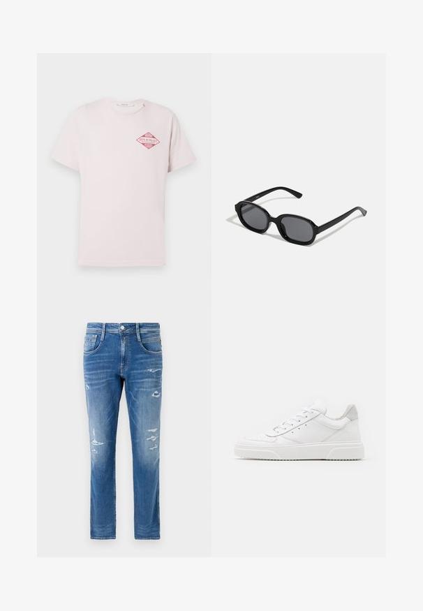 Lyserød T-shirt med korte ærmer og en rød diamantformet grafik med teksten "Miami Replay Palace Florida" på den øverste venstre bryst.; Denim jeans i en lys blå vask med almindelig pasform. Har slidte detaljer og subtilt slid ved lommerne og knæene.; Hvide lædersneakers med en glat finish, rund tå, flade snørebånd og en struktureret sål. Grå ruskindsdetalje ved hælen.; Zign Solbriller - black