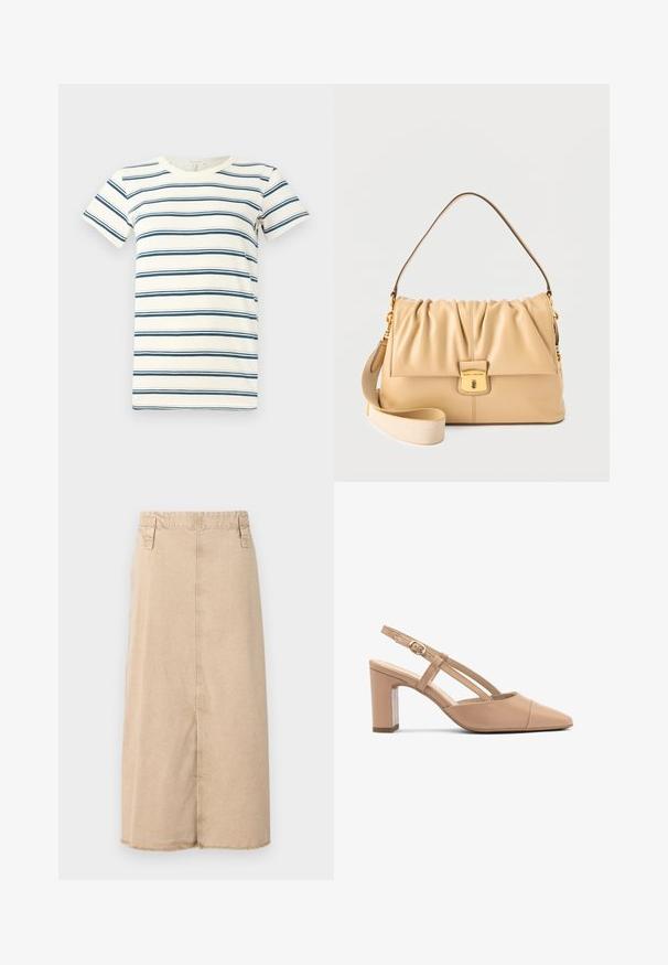 Stribet t-shirt med skiftende blå og mørkeblå striber på en crème baggrund, med rund halsudskæring og korte ærmer. Blødt stof.; Beige denimskirt med længde til midt på læggen, med en oprevet kant, to sidelommer og syninger på taljebåndet.; Beige læder slingback hæle med spids tå, blokhæle og rem med en lille guld spænde. Glat tekstur, minimalistisk design.; Beige Marc Jacobs læder skuldertaske med rynket klap, guldfarvet lås og aftagelig bred stofrem på ensfarvet baggrund.