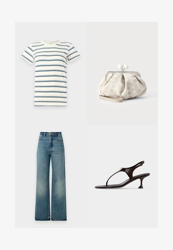 Stribet t-shirt med skiftende blå og mørkeblå striber på en crème baggrund, med rund halsudskæring og korte ærmer. Blødt stof.; Lysblå denim vidbenede jeans har en høj talje, fem lommer og let rippede kanter, der viser en tekstureret, falmet finish.; Mørkebrun laklædersandal med rem bagpå, lille hæl og tårem på hvid baggrund.; Lille beige clutch- taske med tekstureret prikket stof, sølvramme, rund hvid lukning og aftagelig håndledsrem på ensfarvet baggrund.