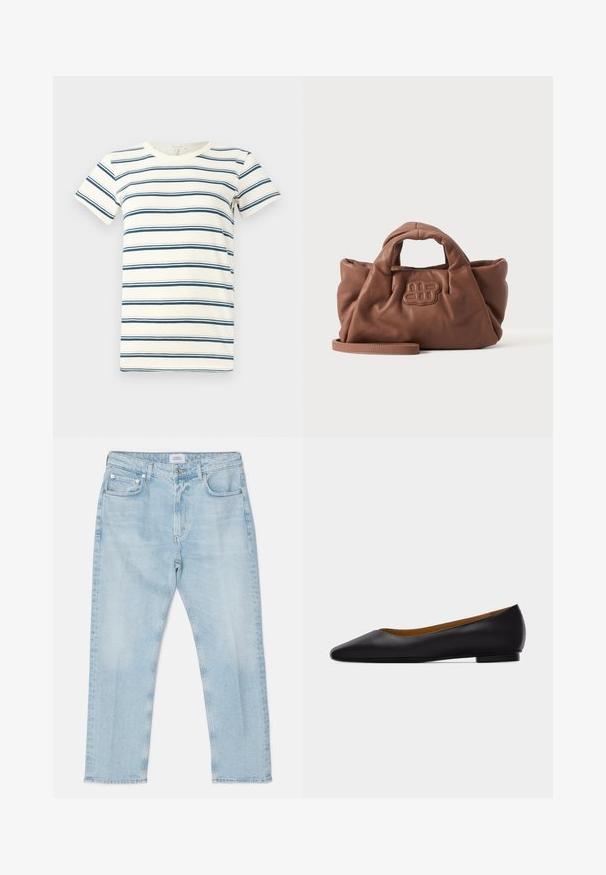 Stribet t-shirt med skiftende blå og mørkeblå striber på en crème baggrund, med rund halsudskæring og korte ærmer. Blødt stof.; Lys blå denim jeans med straight cut, fem lommer, knaplukning og let falming. Syede detaljer langs sømmene.; Sort læder flad sko med spids tå, lav hæl og glat finish, vist fra siden på en lysegrå baggrund.; Blød brun lædertaske med korte håndtag, et forrest syet logo og en aftagelig lang rem på en enkel lys baggrund.