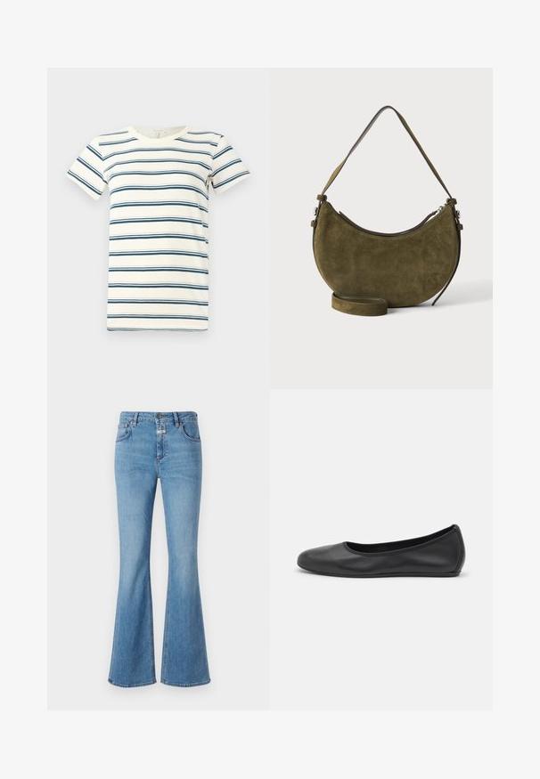 Stribet t-shirt med skiftende blå og mørkeblå striber på en crème baggrund, med rund halsudskæring og korte ærmer. Blødt stof.; CLOSED JOVANNA - Jeans Bootcut - light blue; Sort læderballetsko med rund tå, glat tekstur, minimal syning og et fleksibelt såldesign.; Oliven/grøn ruskindshåndtaske i halvmåneform med kort skulderrem og yderligere justerbar lang rem, lynlås lukning øverst.