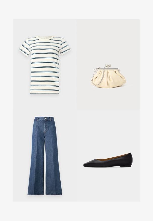 Gestreiftes T-Shirt mit abwechselnd blauen und dunkelblauen Linien auf einem cremefarbenen Hintergrund, mit Rundhalsausschnitt und kurzen Ärmeln. Weicher Stoff.; Weite blaue Jeans mit hoher Taille, im klassischen Five-Pocket-Stil und mit Knopfverschluss, aus strukturierter Baumwollstoff gefertigt.; Schwarzer flacher Schuh aus Leder mit spitz zulaufender Vorderkappe, niedrigem Absatz und glatter Oberfläche, von der Seite vor einem hellgrauen Hintergrund dargestellt.; Faltige beigefarbene Ledertasche mit einem silbernen Metallrahmen, ausgestattet mit zwei runden dekorativen Verschlüssen und einem silbernen Kettenriemen.