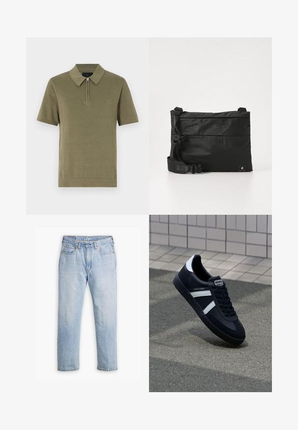 Oliven grøn kortærmet polo skjorte med lynlås krave, tekstureret stof og lige kant. Enkel og ren design.; Lysblå denimjeans med lige bendesign, fem lomme stil og kontrastsyet. Knap- og lynlåslukning i taljen.; Sort lædersneaker med hvide striber, tekstureret gummisål og snørrebånd foran. Har et brandet mærke på tungen.; Sort nylon messenger-taske med justerbar rem, fladt design og et sideetiket med et logo. Glat tekstur og minimalistisk stil.