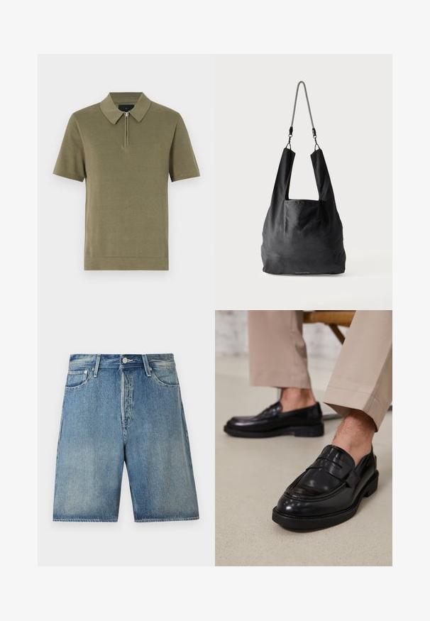 Oliven grøn kortærmet polo skjorte med lynlås krave, tekstureret stof og lige kant. Enkel og ren design.; Lysblå denimshorts med klassisk fem-lomme-design, knaplukning, lige snit og en let vask.; Sorte lædermokkasiner med en glat overflade, der har en dekorativ rem og kontraststing, parret med beige bukser.; Sort blød stofnettaske med brede håndtag og en tynd sort-hvid flettet skulderrem.
