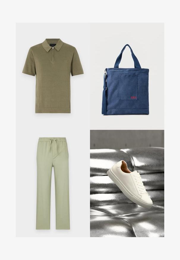 Polo-shirt olive vert à manches courtes, avec un col zippé, un tissu texturé et un ourlet droit. Design simple et épuré.; Pantalons en vert olive clair, fabriqués en tissu doux. Dotés d'une taille élastique avec cordon de serrage et de jambes droites à coupe ample.; Baskets basses blanches flottant au-dessus d'une surface en cuir argenté brillant capitonnée.; Sac fourre-tout en toile bleue avec poche frontale et broderie rouge "O.N.S", doté de doubles poignées et d'une bandoulière réglable.
