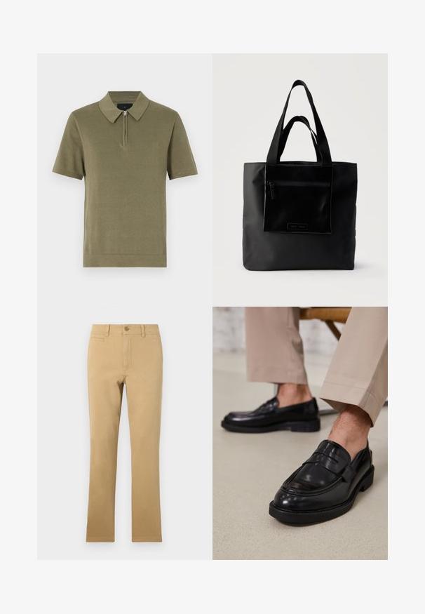 Polo-shirt olive vert à manches courtes, avec un col zippé, un tissu texturé et un ourlet droit. Design simple et épuré.; Pantalons droits de couleur kaki en coton, dotés d'une fermeture à bouton, de poches avant et d'une texture lisse.; Mocassins en cuir noir avec une finition lisse, ornés d'une sangle décorative et de coutures contrastées, associés à un pantalon beige.; Sac cabas noir avec poche zippée à l'avant et double poignée, posé sur un fond clair uni.