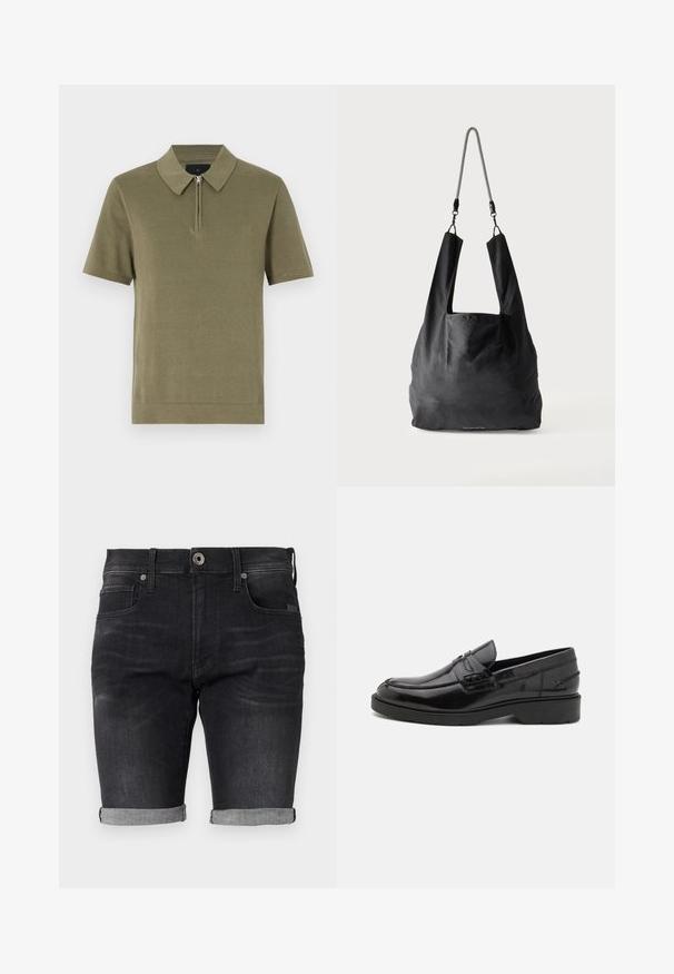 Olijfgroene polo met korte mouwen, met een ritssluiting bij de kraag, een textuurstof en een rechte zoom. Eenvoudig en strak ontwerp.; Zwarte denim shorts met een aansluitend ontwerp, opgerolde manchetten en een klassieke tailleband met een knoopsluiting aan de voorkant en zijzakken.; Zwarte leren instappers met een gladde afwerking, ronde neus, lage hak en decoratieve stiksels aan de voorkant. Rubberen buitenzool voor grip.; Zwart zachte stoffen draagtas met brede handvatten en een dunne zwart-witte gevlochten schouderriem.