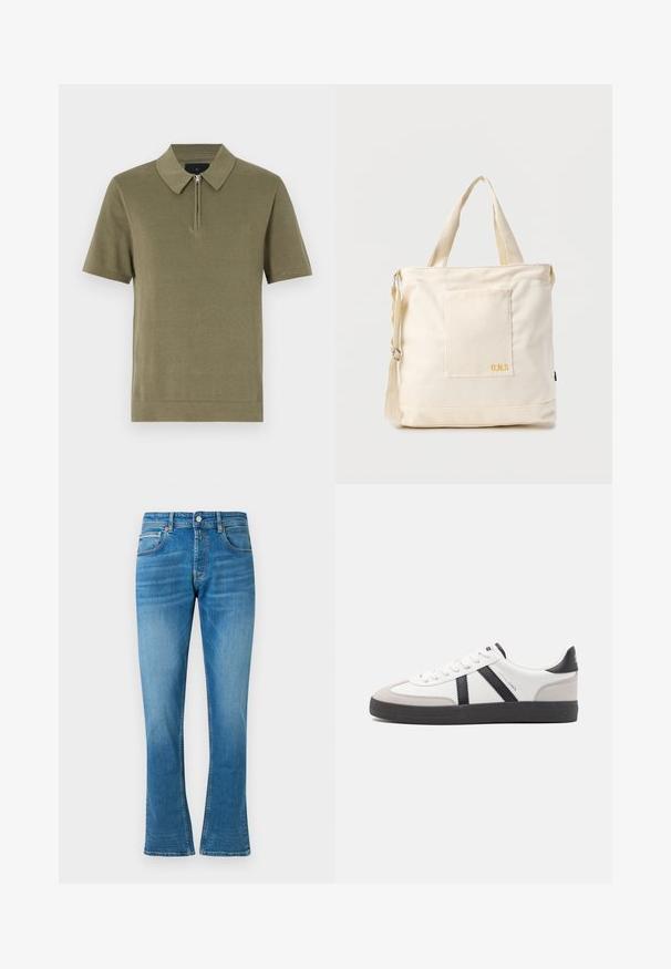 Olivgrünes Poloshirt mit kurzen Ärmeln, ausgestattet mit einem Reißverschluss-Kragen, strukturierter Stoff und geradem Saum. Einfaches und klares Design.; Blaue Denim- Schlagjeans mit normaler Taille, zwei Fronttaschen und leichter Abnutzung. Der Stoff hat eine weiche Textur und traditionelle Nähte.; Weiße Sneaker mit schwarz- und grau-aczenten, ausgestattet mit einer strukturierten grauen Zehenkappe, schwarzer Gummi-Sohle und flachen weißen Schnürsenkeln. Sauberes Design, minimalistische Stil.; Beige Canvas-Shopper mit Fronttasche, zwei Griffen, verstellbarem Schulterriemen und kleinem gelbem "O.N.S"-Text unten rechts auf der Tasche.